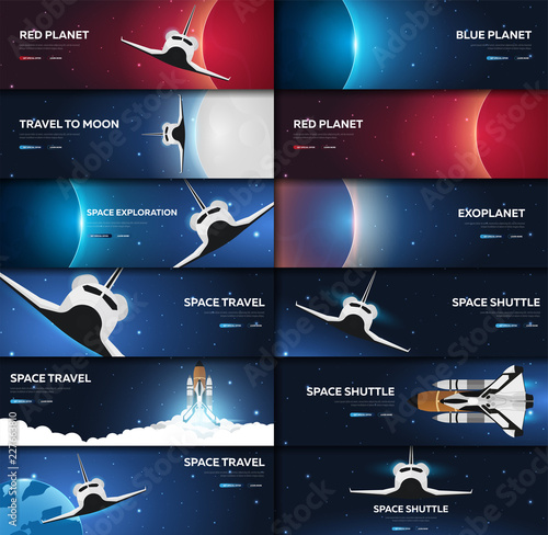 Set of Space banners. Space Shuttle. Mars, Earth, Exoplanet. Astronomical galaxy space background. Vector Illustration.