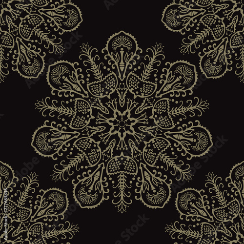 Flower Mandala Seamless Vector Pattern, Hand Drawn Boho Ornament Flourish Illustration for Trendy Home Decor, Yoga Fashion Print, Indian Style Wallpaper. Eastern Tattoo Designs. Meditation Background.