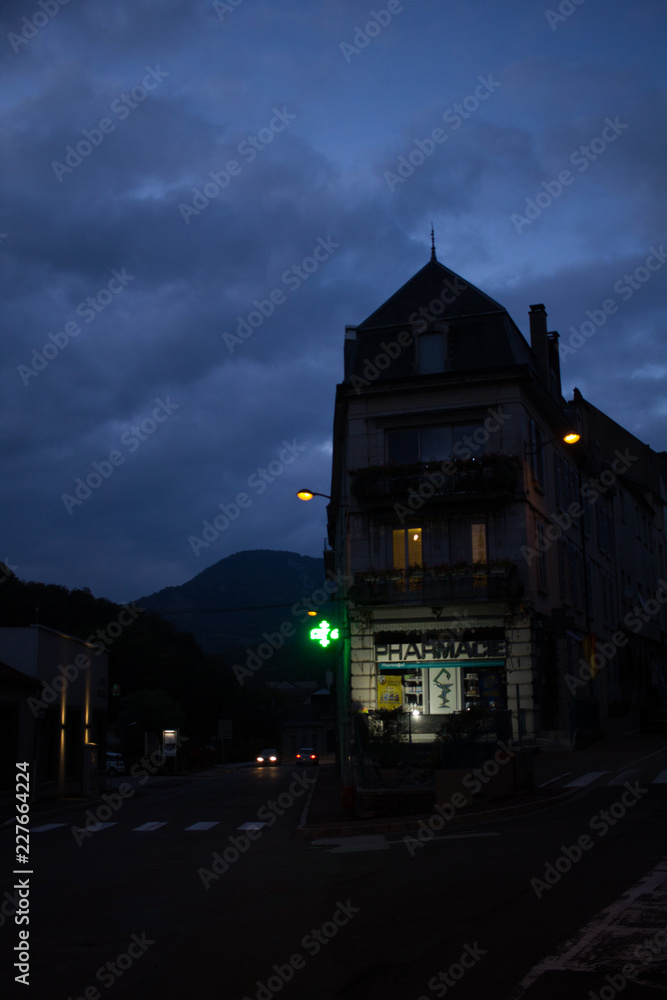 dark sky, mountain french town