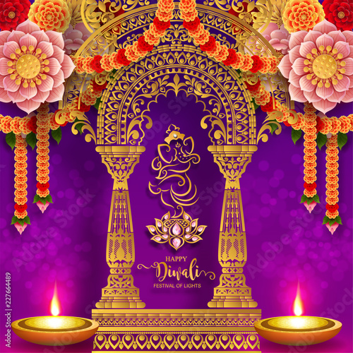 Happy Diwali festival card with gold diya patterned and crystals on paper color Background.