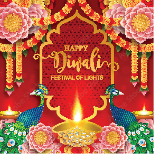 Happy Diwali festival card with gold diya patterned and crystals on paper color Background.