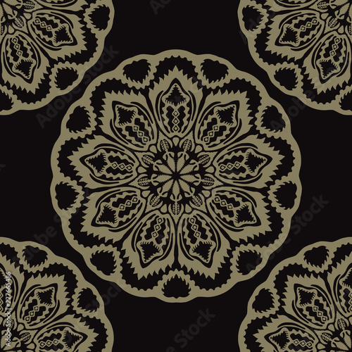 Circle Mandala Seamless Vector Pattern, Hand Drawn Boho Ornament Flourish Illustration for Trendy Home Decor, Yoga Fashion Print, Indian Style Wallpaper. Eastern Tattoo Designs. Meditation Background.
