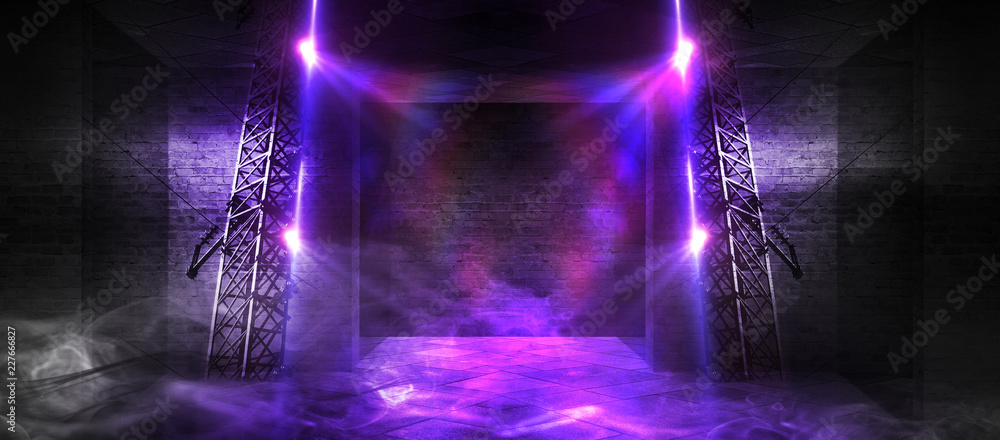 Background of an empty corridor, basement, tunnel with brick, old walls and neon lights. Brick walls, neon, smoke. Empty background scene, bright - obrazy, fototapety, plakaty 