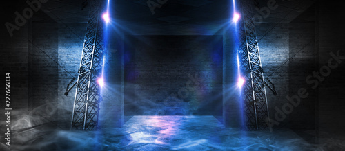 Background of an empty corridor, basement, tunnel with brick, old walls and neon lights. Brick walls, neon, smoke. Empty background scene, bright