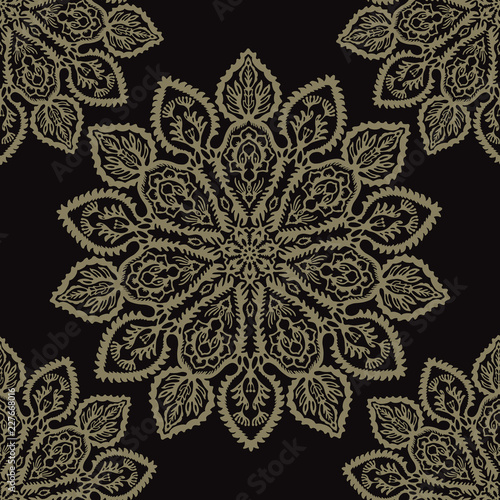 Floral Arabesque Mandalas Seamless Vector Pattern, Hand Drawn Boho Ornament Flourish Illustration for Trendy Home Decor, Yoga Fashion Print, Ethnic Indian Style Tattoo Design. Meditation Background.
