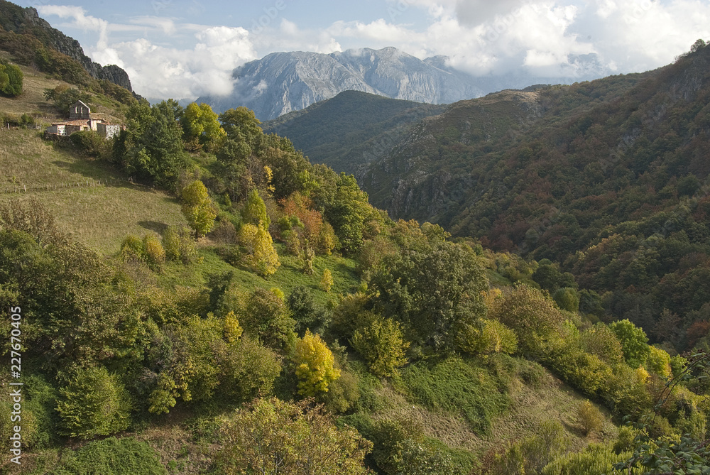 Autumn landscape, natural park Ubiñas table, Hermitage, Mountain, Asturias, Spain