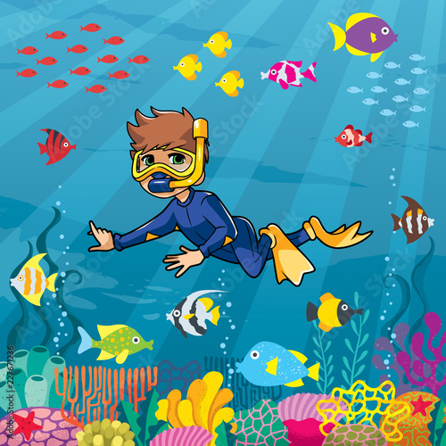 Illustration of little boy wearing diving mask, swim fins and neoprene suit while snorkeling in coral reef.