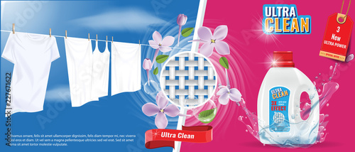 Laundry detergent advertisement template with water splash effect, white clothes and nice flowers. Vector Illustration.