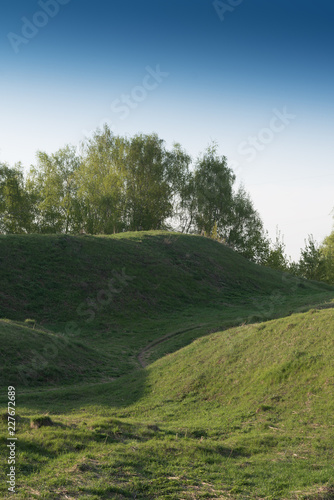 Green grass field on small hills and blue sky