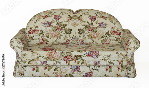 Fabric armchair sofa in a slightly primitive style. Upholstery material with pattern.