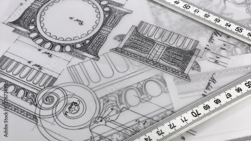 Wallpaper Mural Blueprints - architectural drawings, yardstick - folding ruler smoothly rotate on the surface of the drawings of antique decorative elements of architectural orders	 Torontodigital.ca