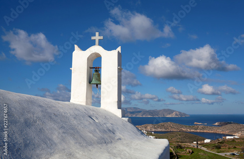 White church on the highest spot of Chora, the capital of Ios island, Cyclades, Greece