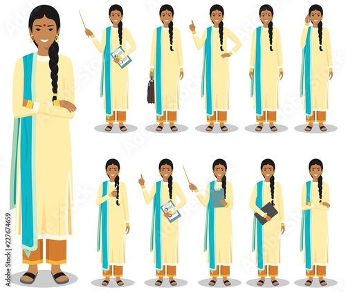 Business concept. Detailed illustration of indian businesswoman standing in different positions in flat style isolated on white background. Vector illustration.