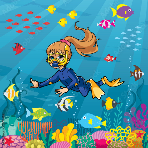 Illustration of little girl wearing diving mask, swim fins and neoprene suit while snorkeling in coral reef.