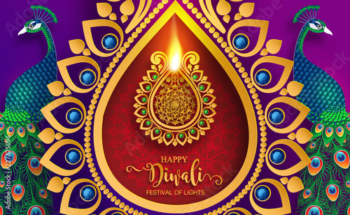 Happy Diwali festival card with gold diya patterned and crystals on paper color Background.