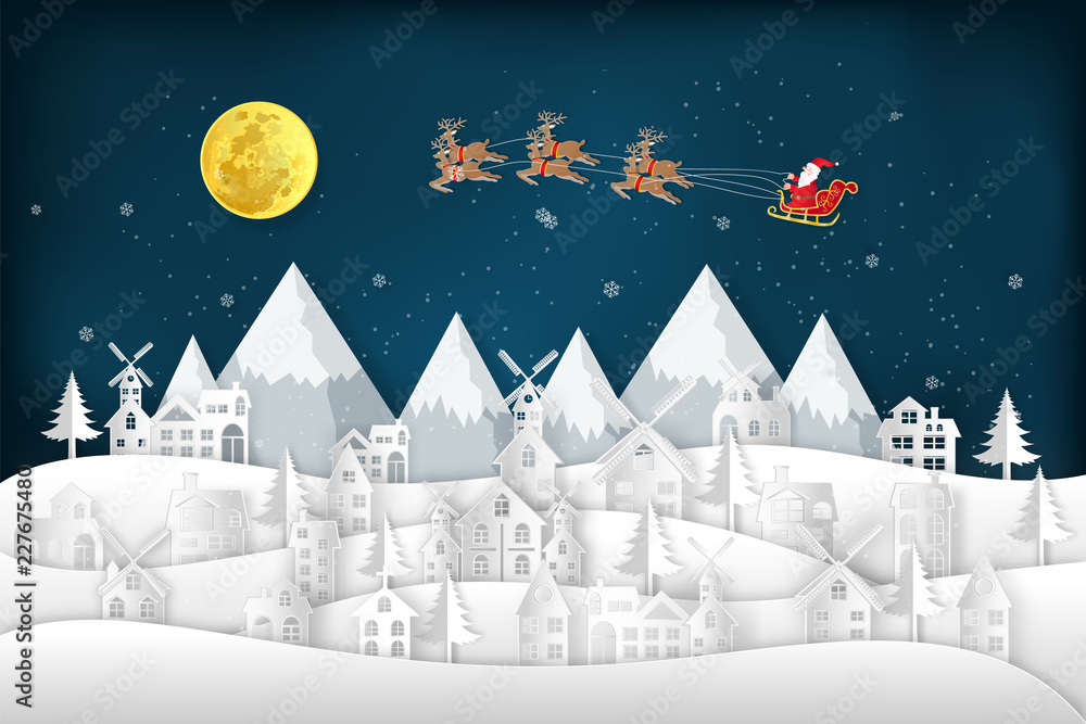 Naklejka premium Paper art of Santa Claus on Sleigh and Reindeers in the snow village in the winter background as holiday and x'mas day concept. vector illustration.