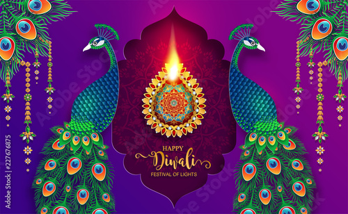 Happy Diwali festival card with gold diya patterned and crystals on paper color Background.