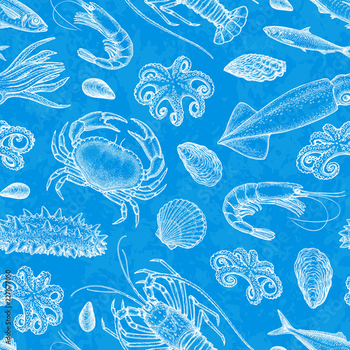 Seamless pattern with seafood and fish.