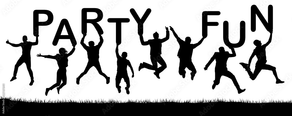 Happy people jumping, hold the letters in their hands, the word party fun. Vector silhouette