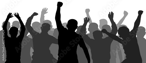 People having fun celebrating. Crowd of fun people on party, holiday. Demonstration, protest. Applause people hands up. Silhouette Vector Illustration