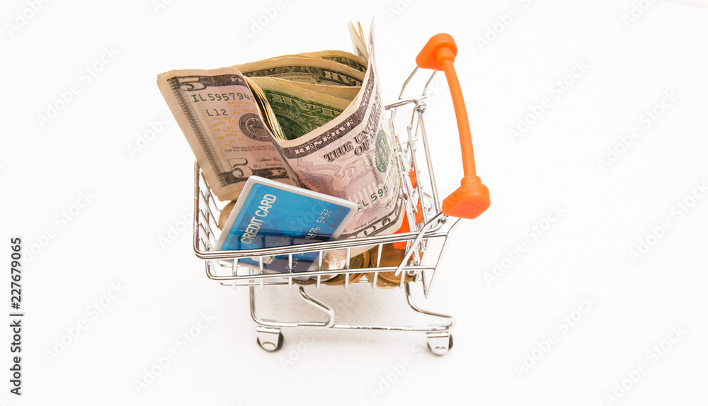 dollars money and change in shopping cart credit card on white background with copy space
