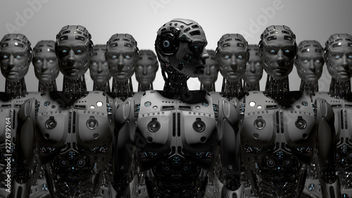 3D Render futuristic robot army or group of cyborgs on gray background