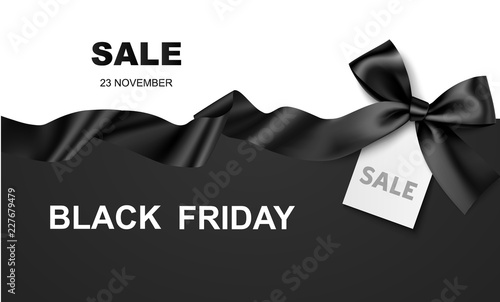 Black Friday Sale design template. Vector illustration. Black background with bow, horizontal ribbon and price tag