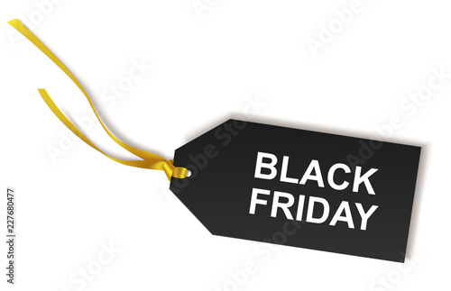 Black price tag with Black Friday text and long golden bow isolated on white. Black Friday Sale concept. Vector illustration