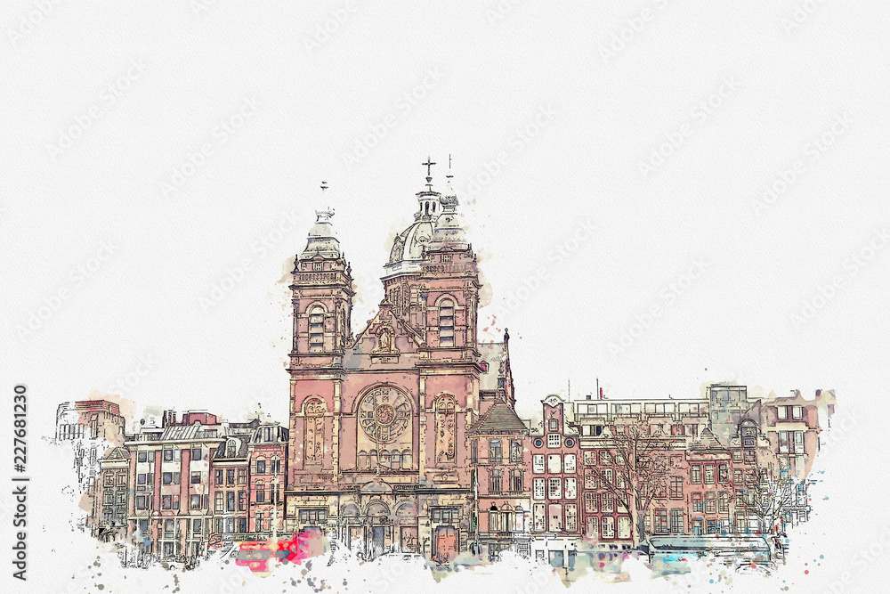 Fototapeta premium illustration or watercolor sketch. Traditional old architecture in Amsterdam. European architecture. Residential buildings and the Cathedral.