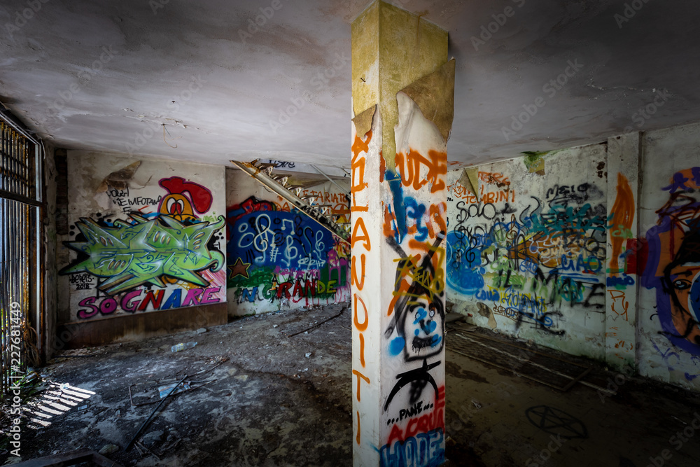 Graffiti and views of the abandoned city of Consonno (Lecco, Italy).