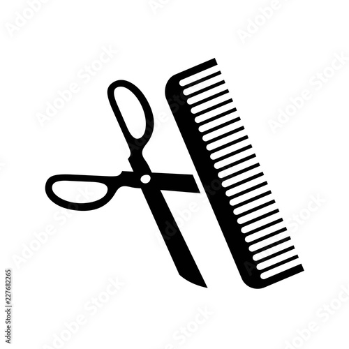 black scissor and comb bursh icons for hairstyle, hair cutting, also tailor and barbershop background