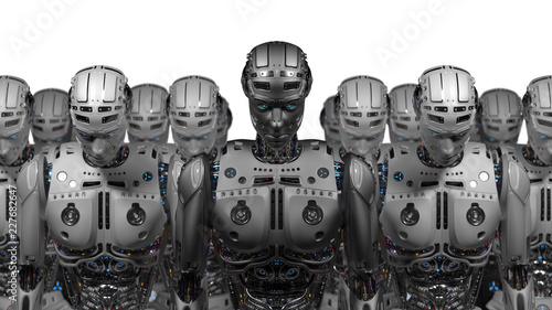 3D Render Futuristic Robot army or group of cyborgs on white background
