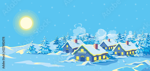 Evening winter landscape with village, houses decorated with garlands and light bulbs among a forest of fir trees, mountains. Horizontal illustration for Christmas and New Year greeting card. Vector
