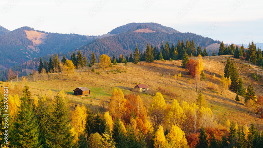 Misty autumn morning landscape in national park. Mountains, blue cloudy sky, yellow, red and green leaves on trees. Lonely rural wooden house. Carpathians, Ukraine. Calm mood image.