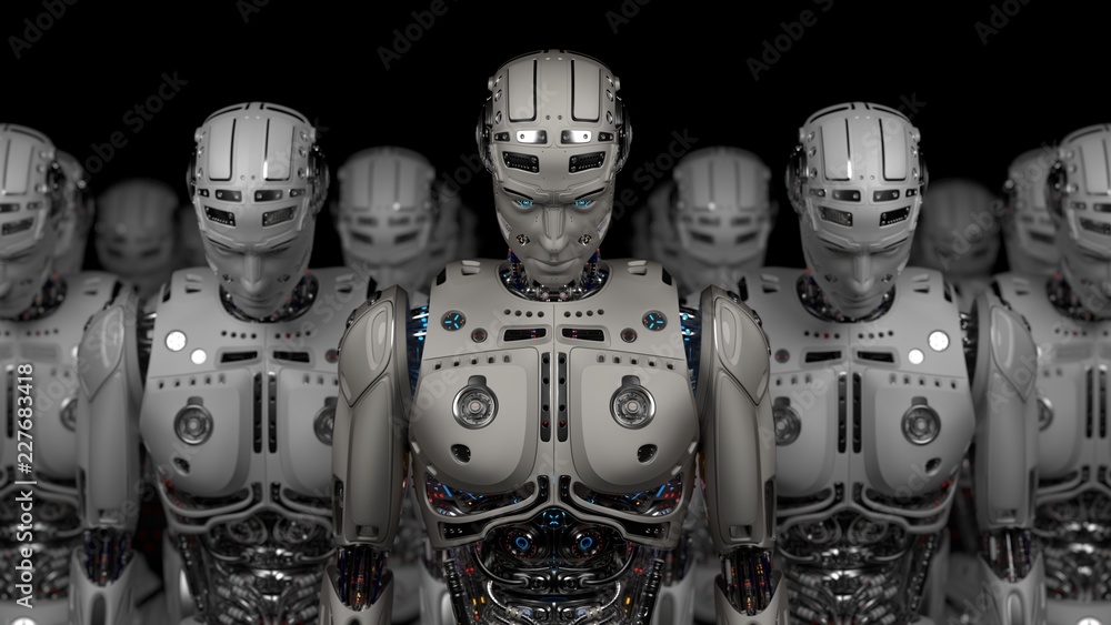 3D Render Futuristic Robot army or group of cyborgs on black background 3D Render Futuristic Robot army or group of cyborgs on black background