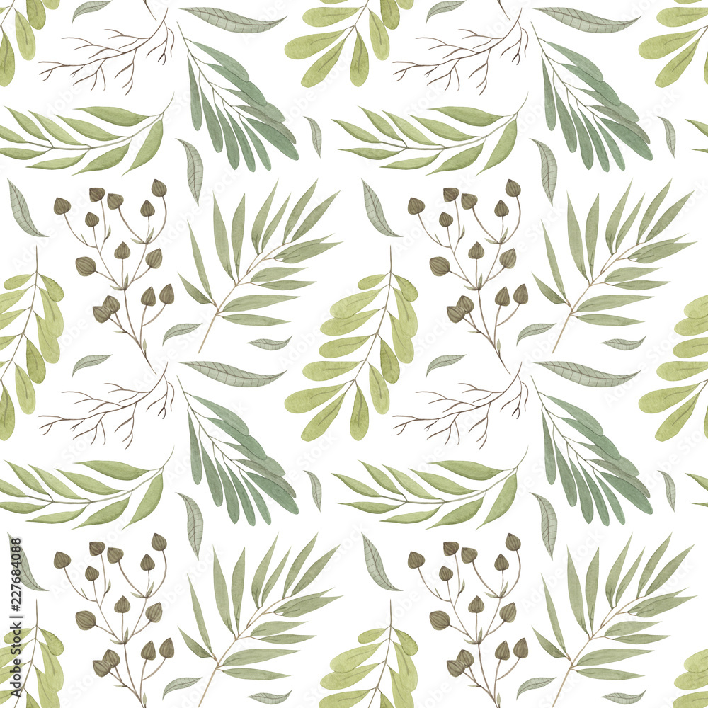 Fototapeta premium Watercolor seamless backgroun pattern with green leaves