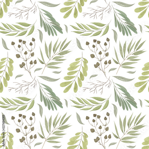 Watercolor seamless backgroun pattern with green leaves