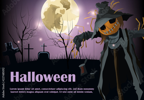 Halloween lettering with crosses, moon and scarecrow. Invitation or advertising design. Typed text, calligraphy. For leaflets, brochures, invitations, posters or banners.