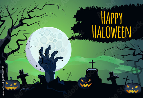 Happy Halloween lettering with zombie hand, pumpkins and moon. Invitation, greeting card or advertising design. Typed text, calligraphy. For leaflets, brochures, invitations, posters or banners.
