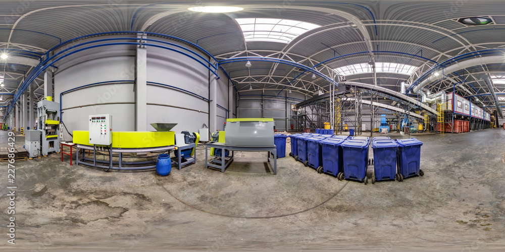 full seamless panorama 360 angle view in interior of modern waste recycling processing plant in equirectangular projection ready for ar vr content. Recycling and storage of waste for further disposal. full seamless panorama 360 angle view in interior of modern waste recycling processing plant in equirectangular projection ready for ar vr content. Recycling and storage of waste for further disposal.