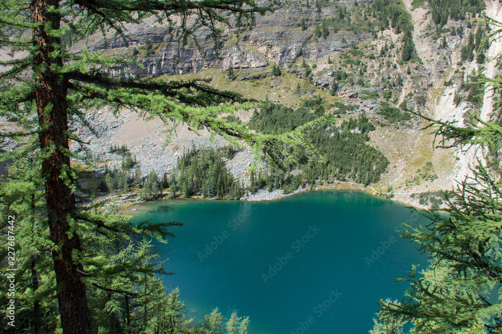 Lake Agnes trail to the Big Beehive rock formation in the Canadian Rockies at Banff National Park during the summer