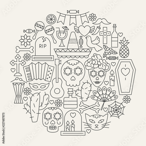 Dia De Los Muertos Line Icons Circle