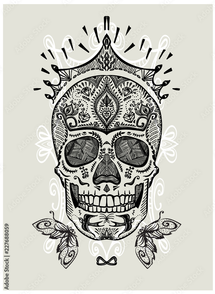Hand drawn ornamental decorated skull, sugar skull with crown