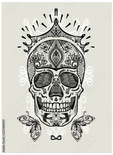 Hand drawn ornamental decorated skull, sugar skull with crown