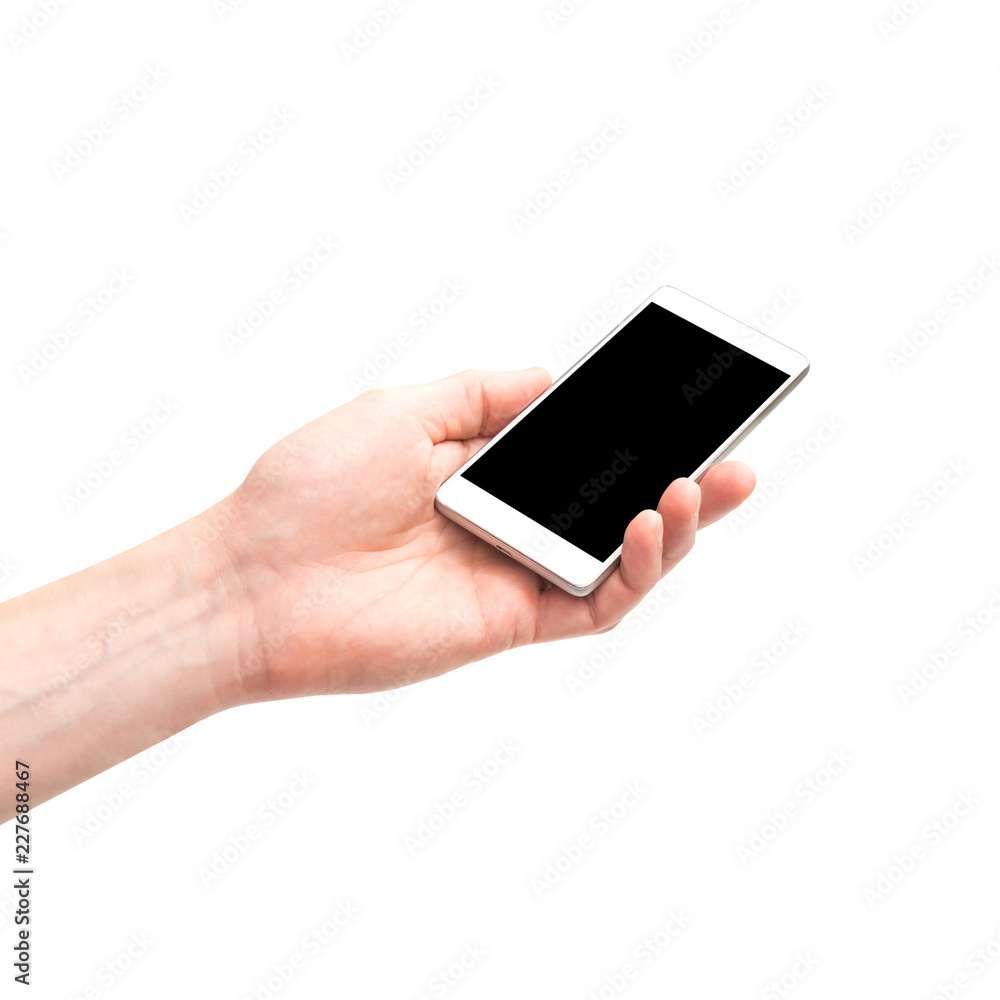 Hand holding black smartphone with isolated white background screen Hand holding black smartphone with isolated white background screen