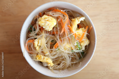 Vermicelli salad japanese style on wood background