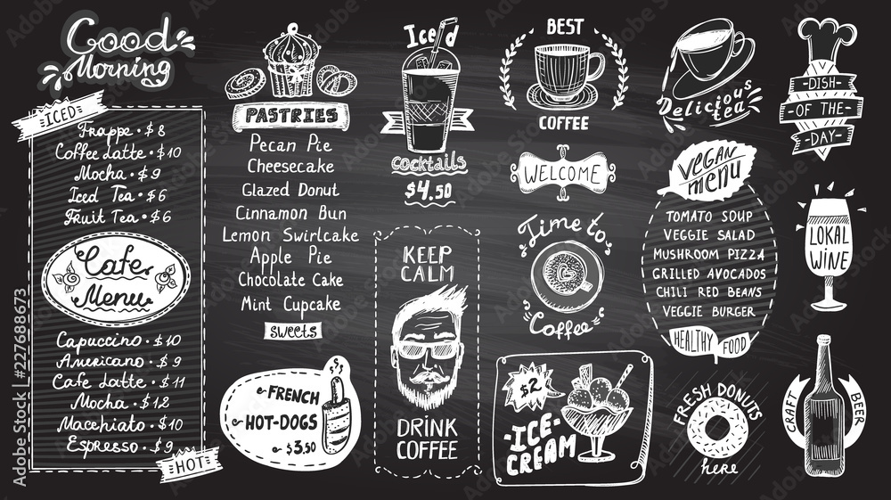 Cafe menu chalkboard design set, hand drawn line graphic illustration
