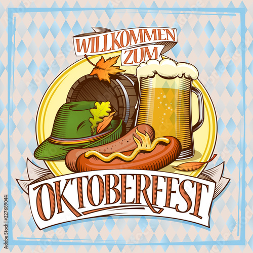Oktoberfest poster with glass of beer, sausages, barrel and festive hat