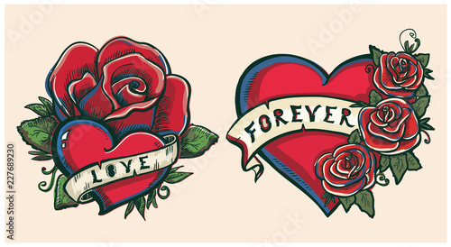 Old school hand drawn graphic illustration with hearts, roses and ribbons