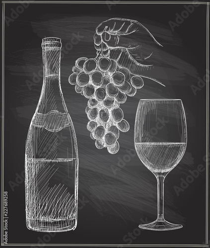 Chalk illustration of a man hand holding bunch of grapes, glass of wine and a bottle of wine